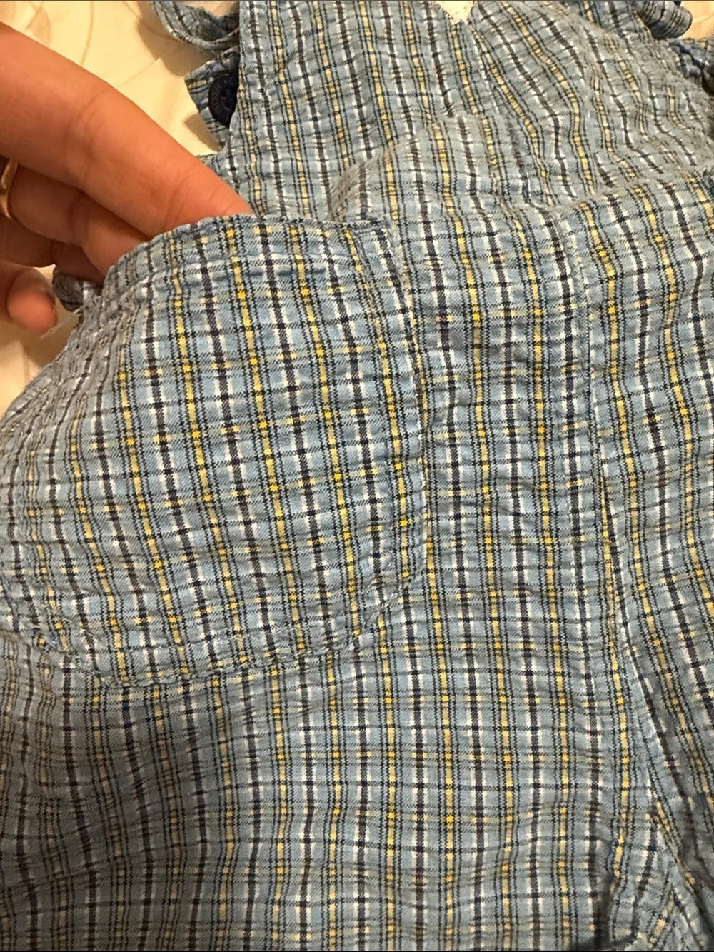 OshKosh B'gosh Blue dungarees cotton Plaid Overalls with Yellow Patch size 12M
